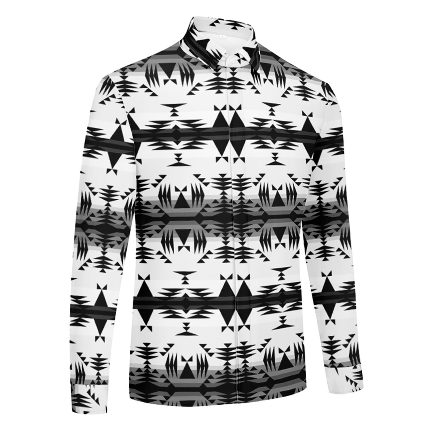 Between the Mountains White and Black Men's Long Sleeve Dress Shirt