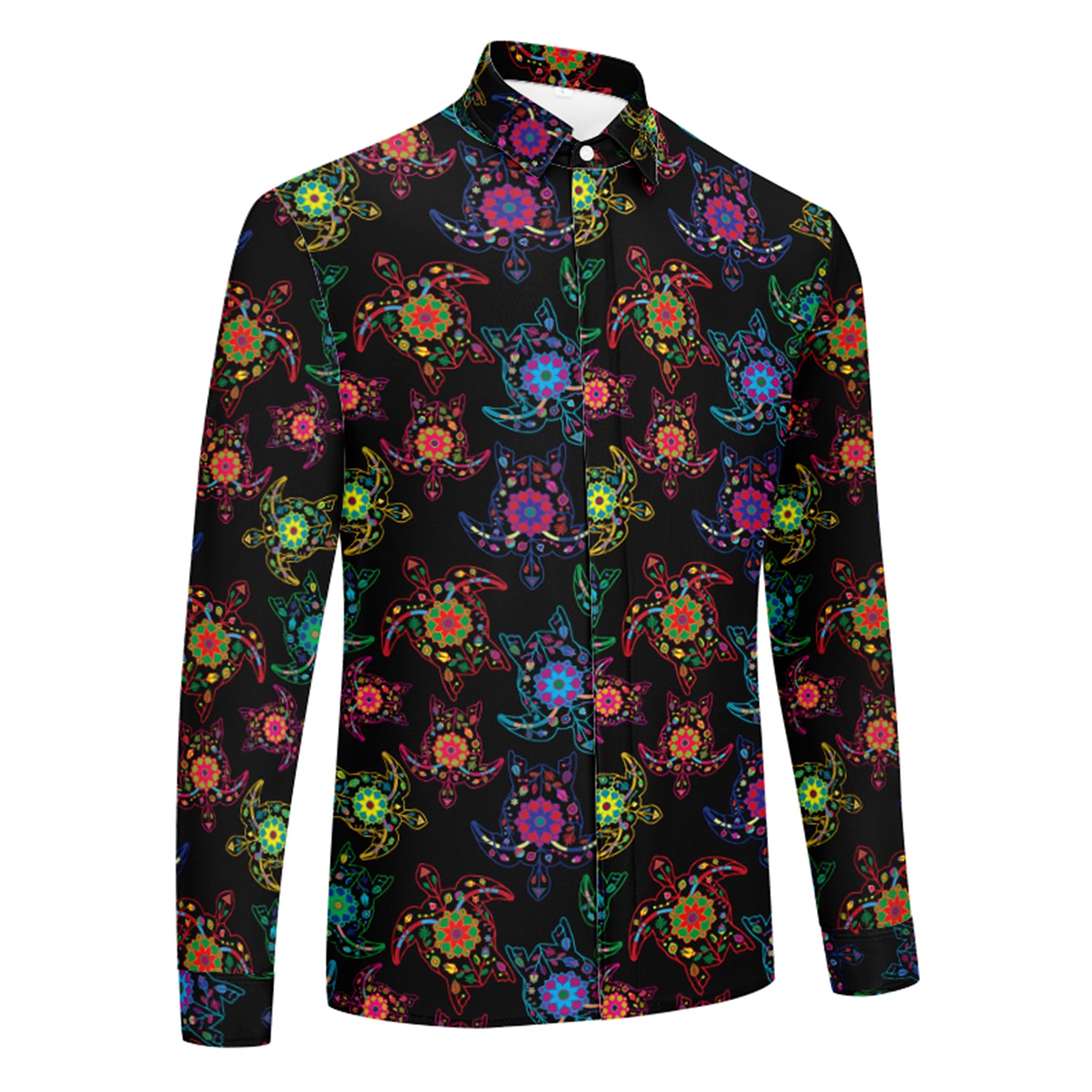 Neon Floral Turtle Men's Long Sleeve Dress Shirt