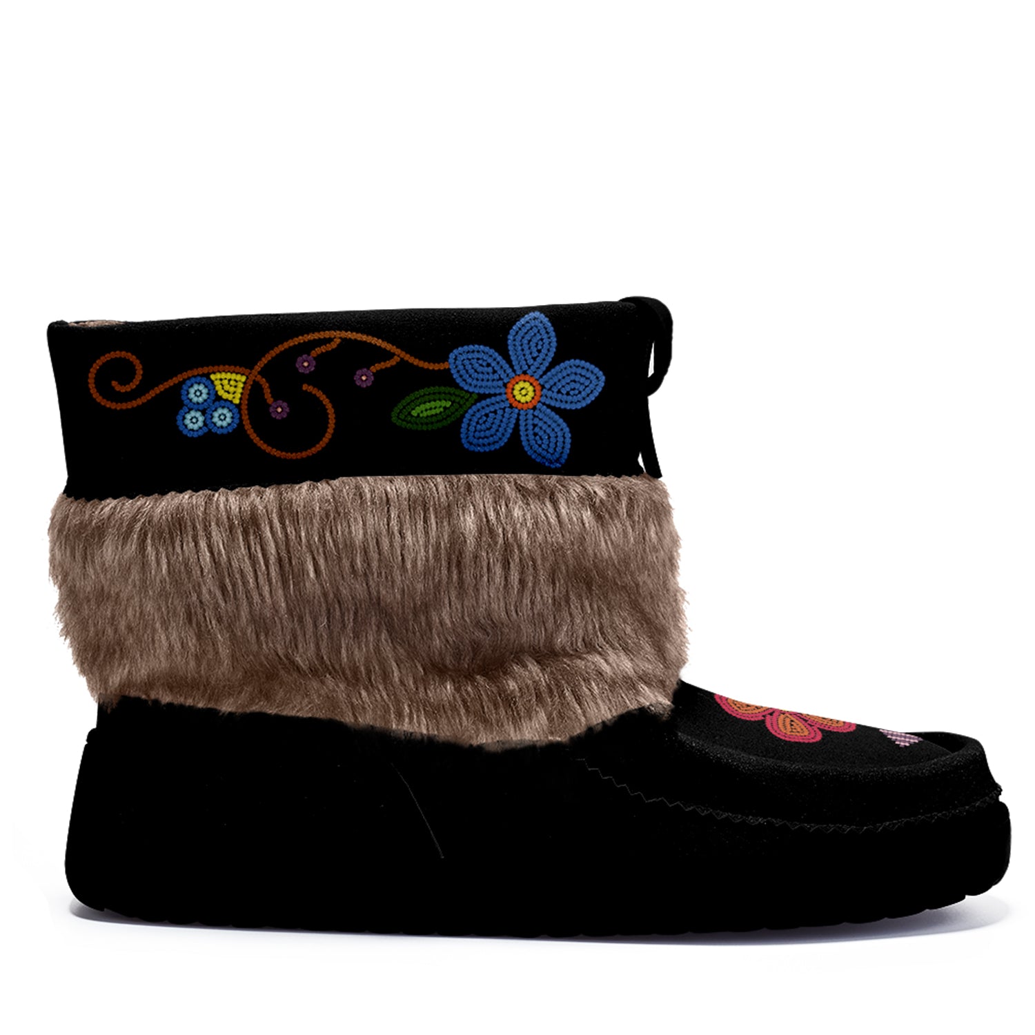 Flower Beadwork People Black Leather MocLux Short Style with Fur