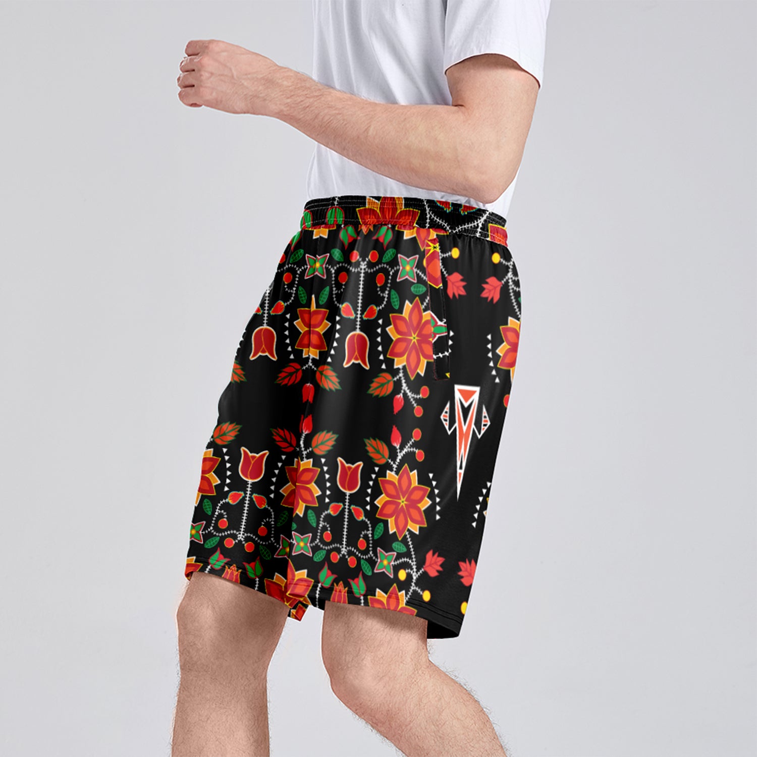 Floral Beadwork Six Bands Athletic Shorts with Pockets