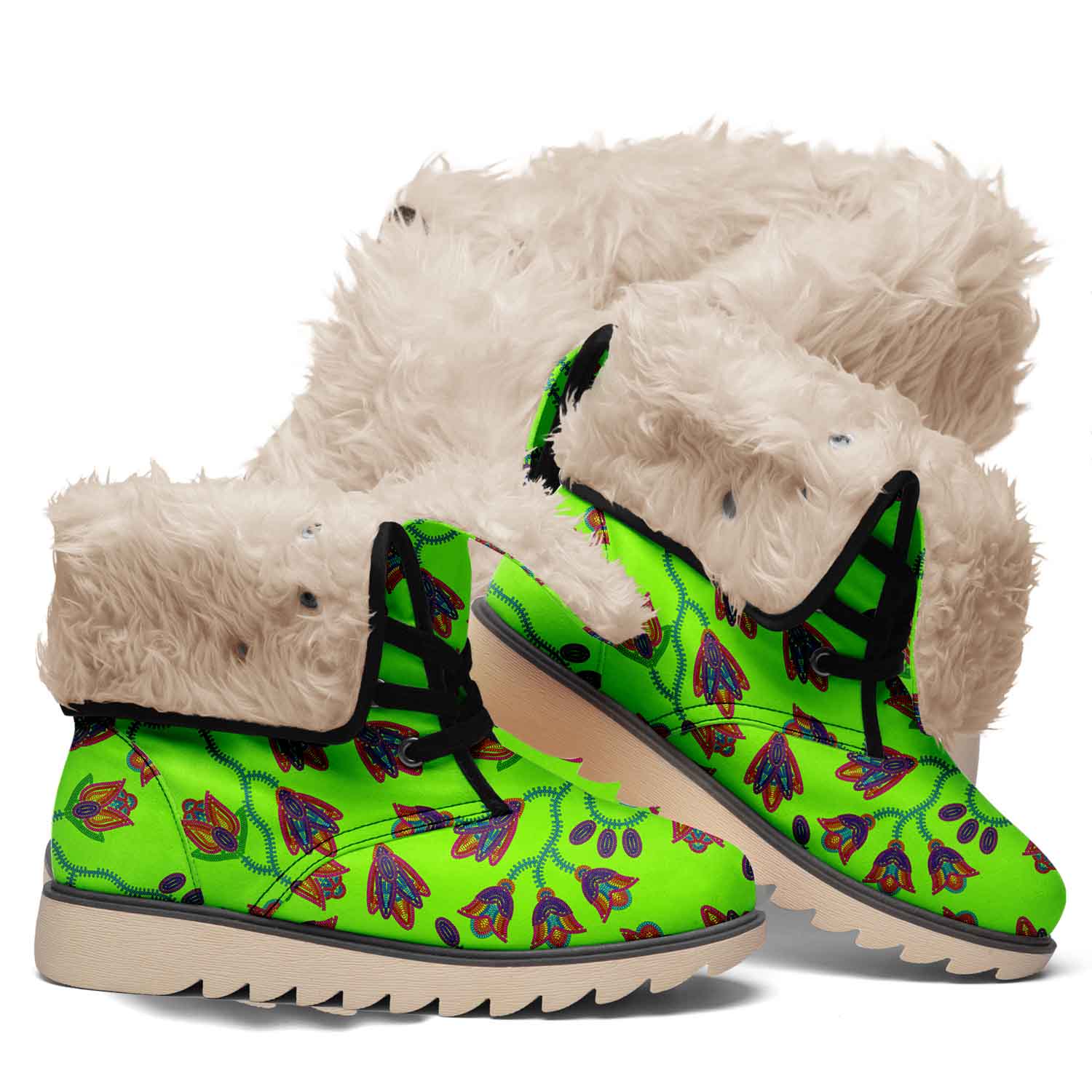 Spring Blossoms on Neon Green Polar Winter Boots