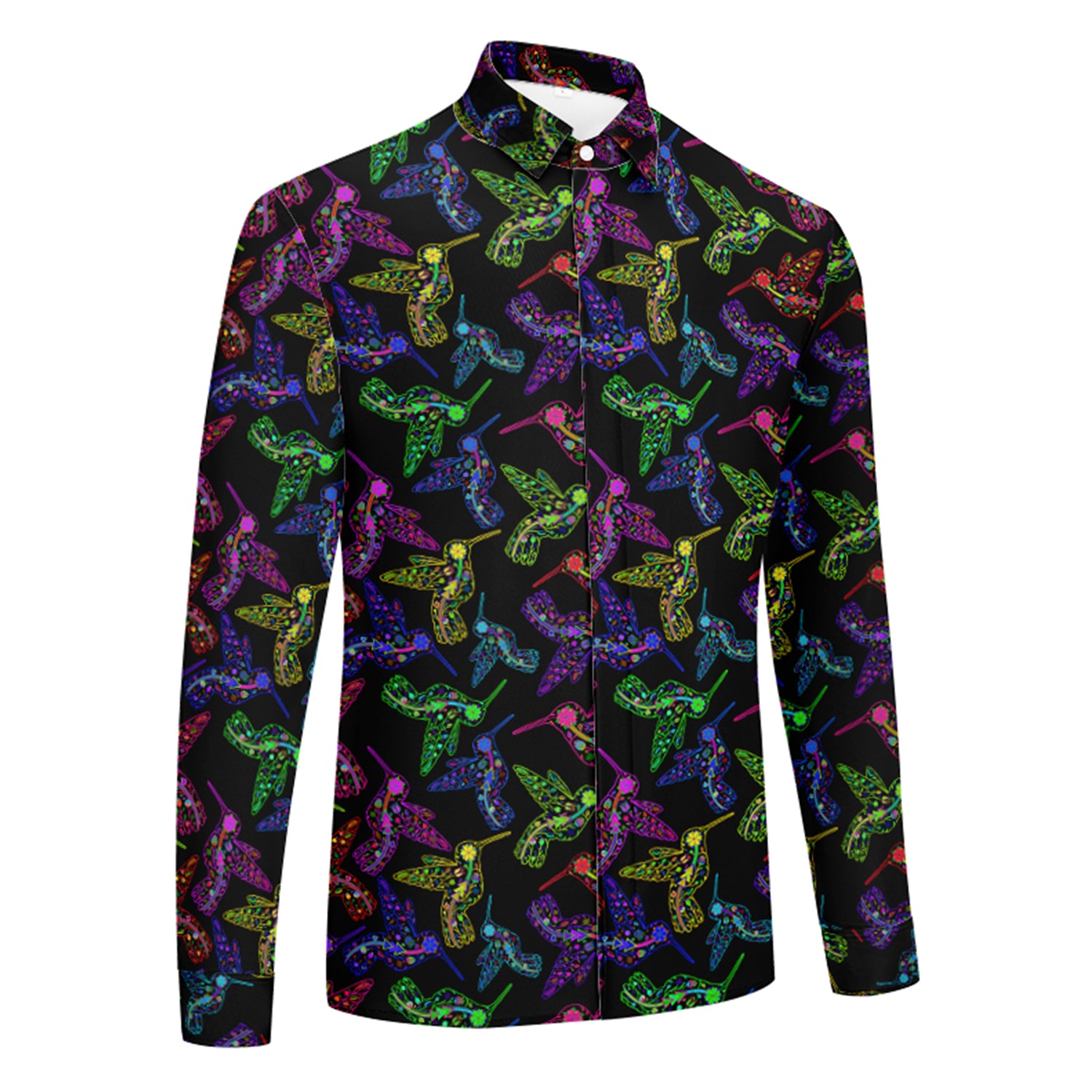 Neon Floral Hummingbird Men's Long Sleeve Dress Shirt