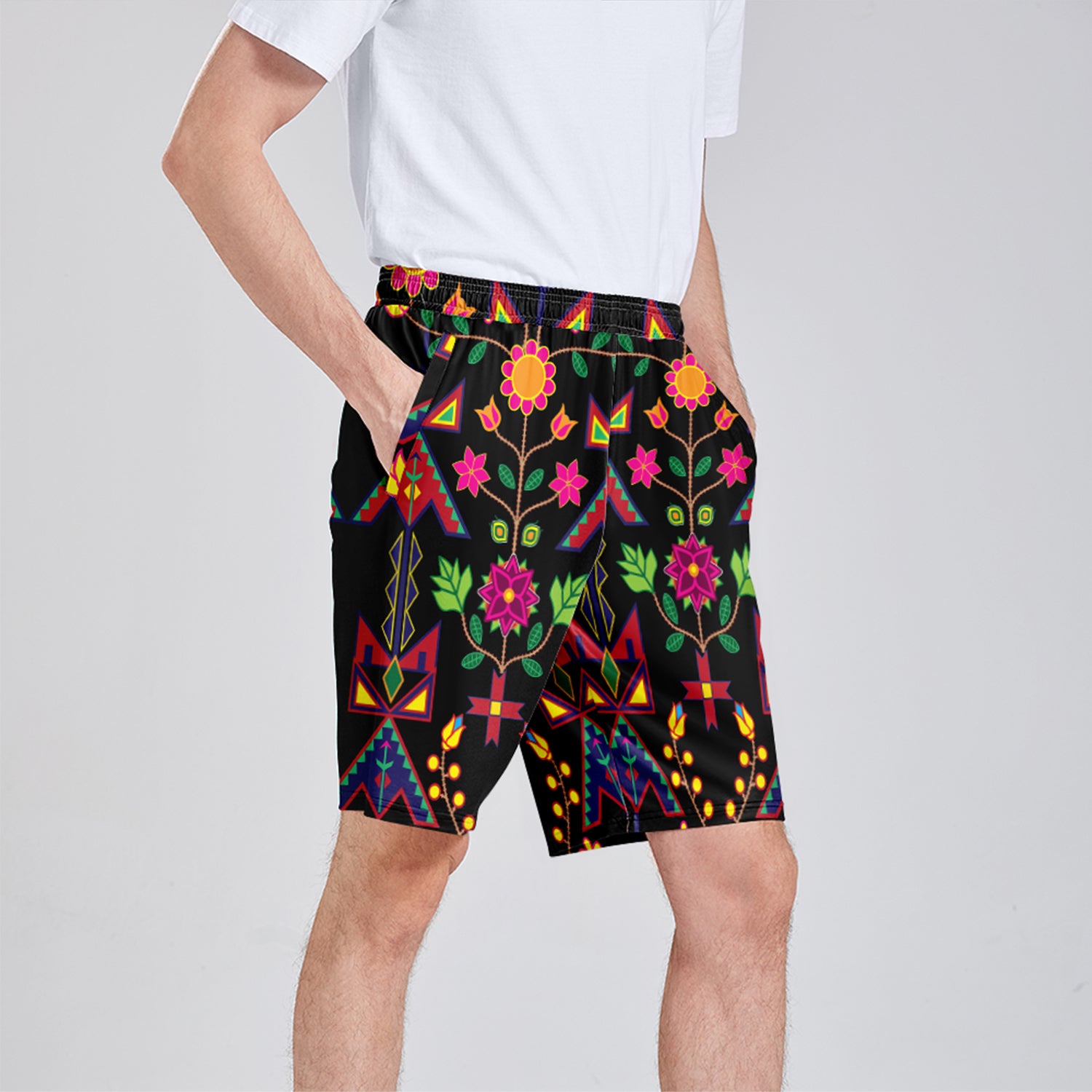 Geometric Floral Spring Black Athletic Shorts with Pockets