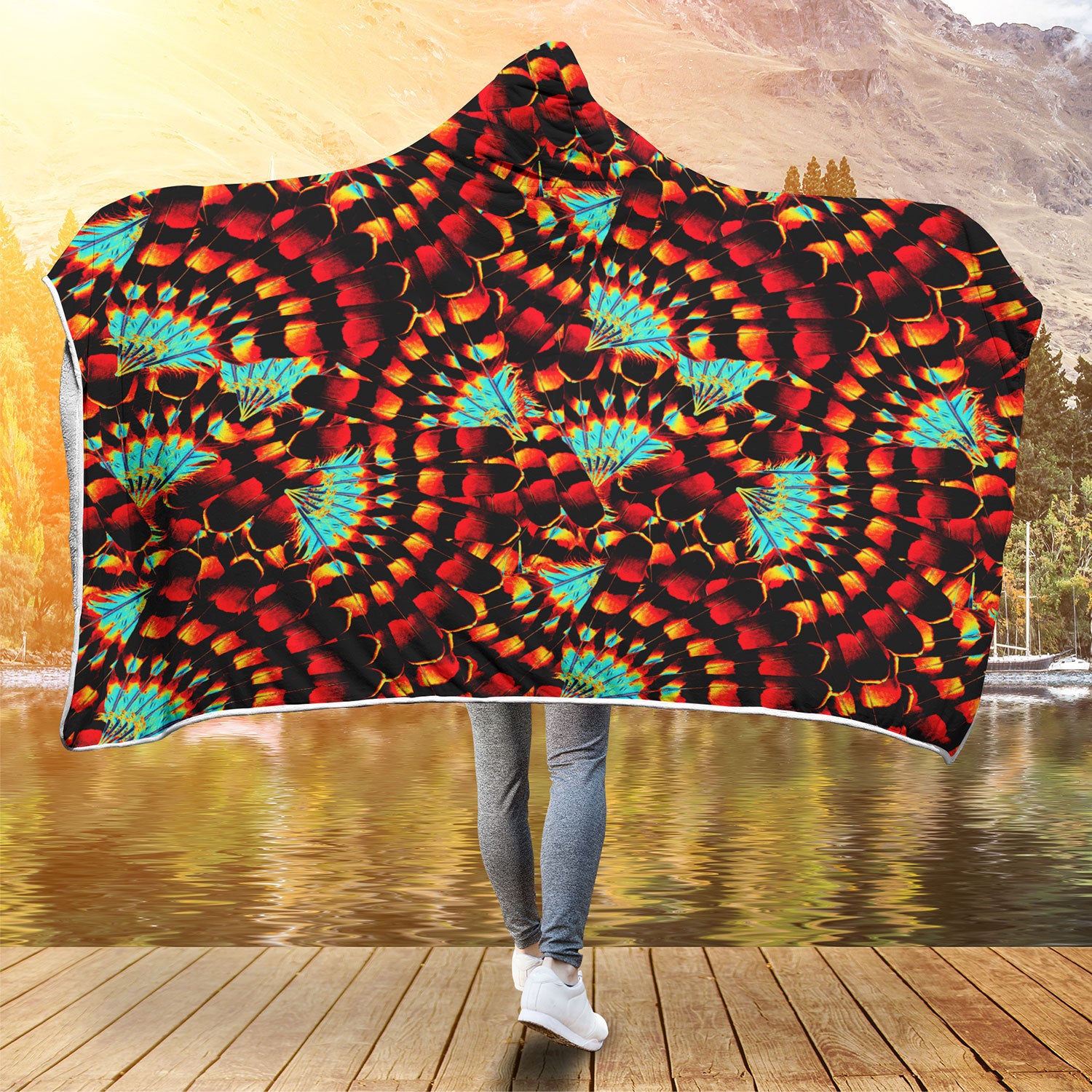 Hawk Feathers Fire and Turquoise Hooded Blanket