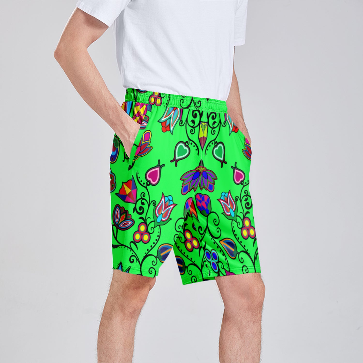 Indigenous Paisley Green Athletic Shorts with Pockets