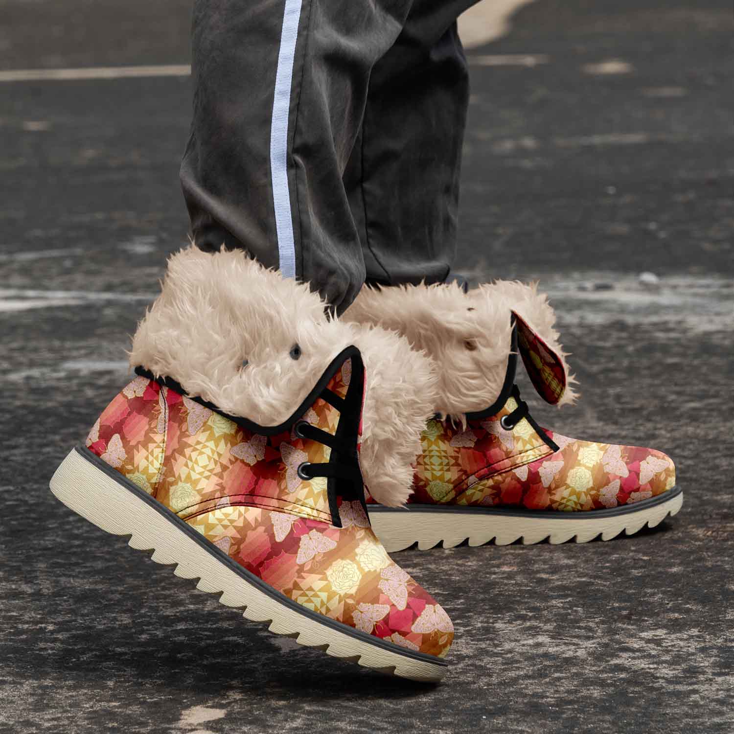 Butterfly and Roses on Geometric Polar Winter Boots