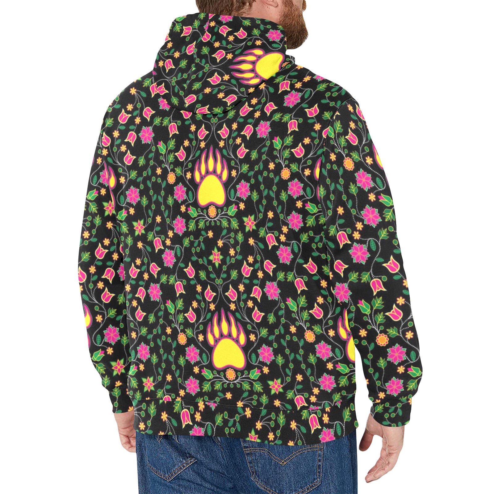 Floral Bearpaw Pink and Yellow Men's Long Sleeve Fleece Hoodie