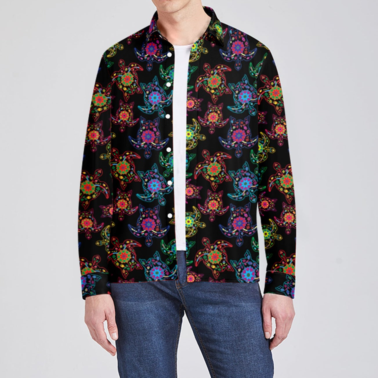 Neon Floral Turtle Men's Long Sleeve Dress Shirt