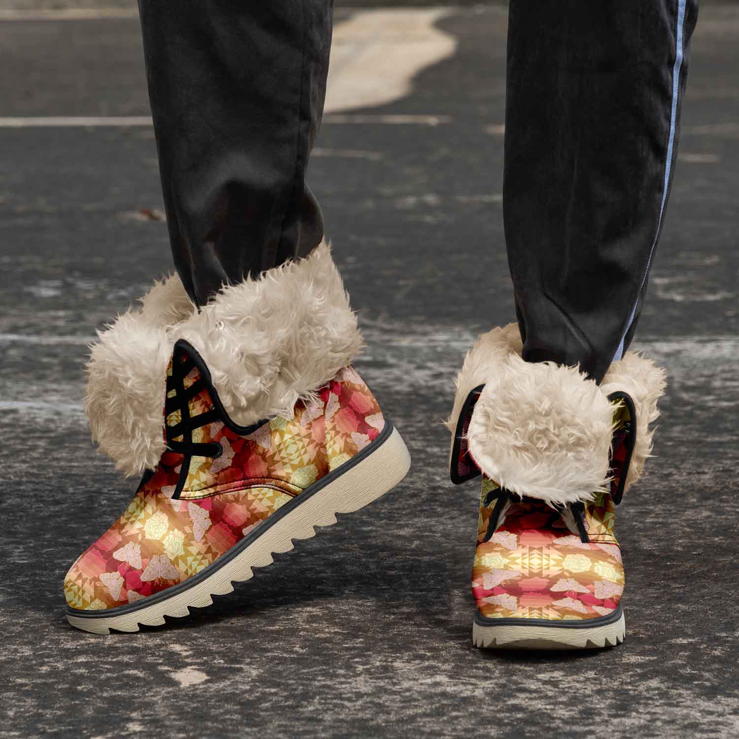 Butterfly and Roses on Geometric Polar Winter Boots