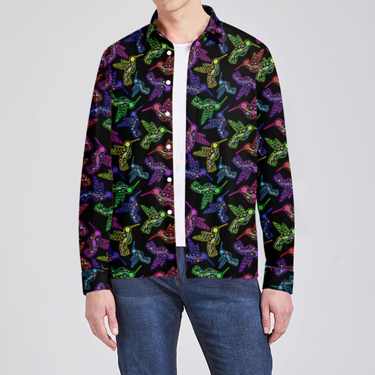 Neon Floral Hummingbird Men's Long Sleeve Dress Shirt