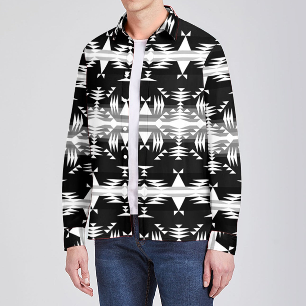 Between the Mountains Black and White Men's Long Sleeve Dress Shirt