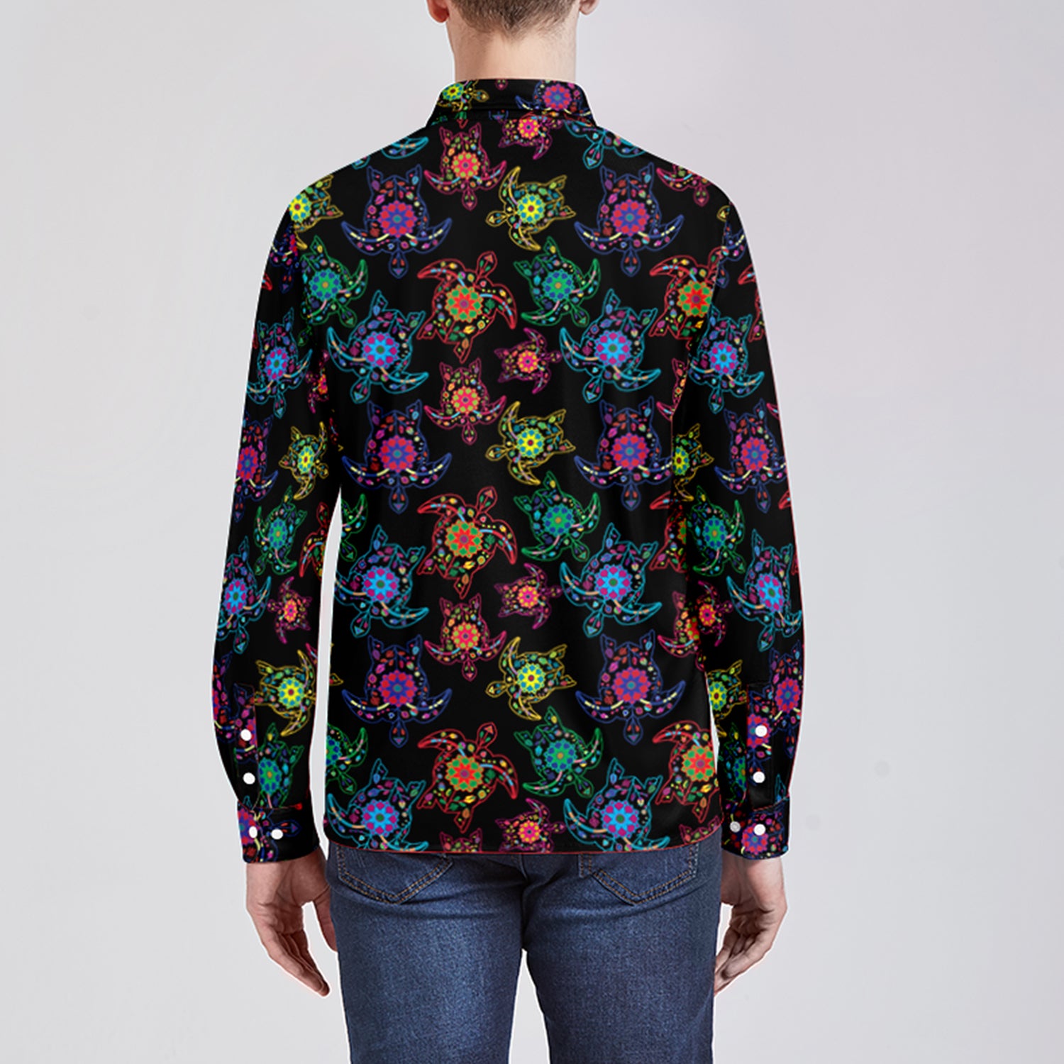 Neon Floral Turtle Men's Long Sleeve Dress Shirt