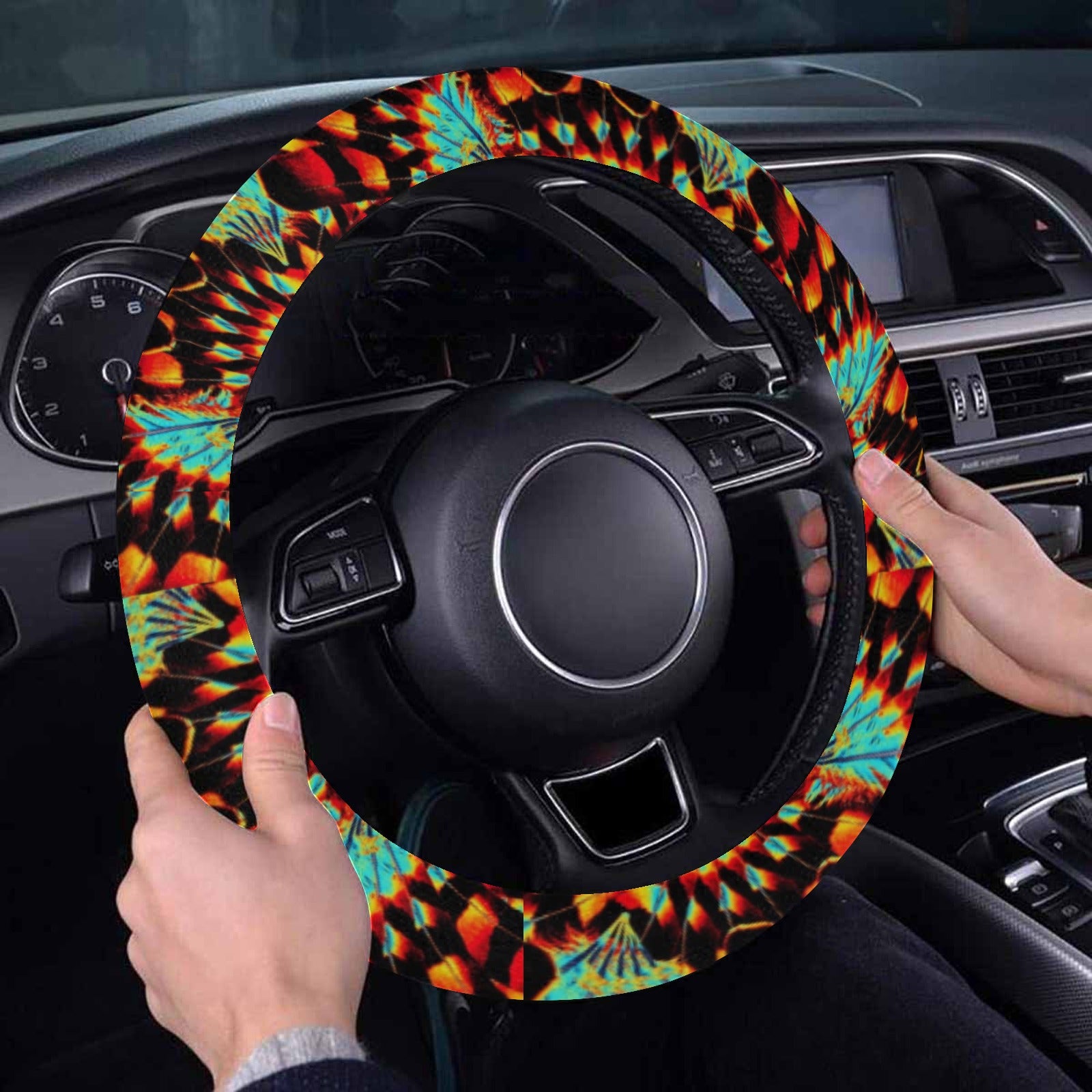 Hawk Feathers Fire and Turquoise Steering Wheel Cover with Elastic Edge