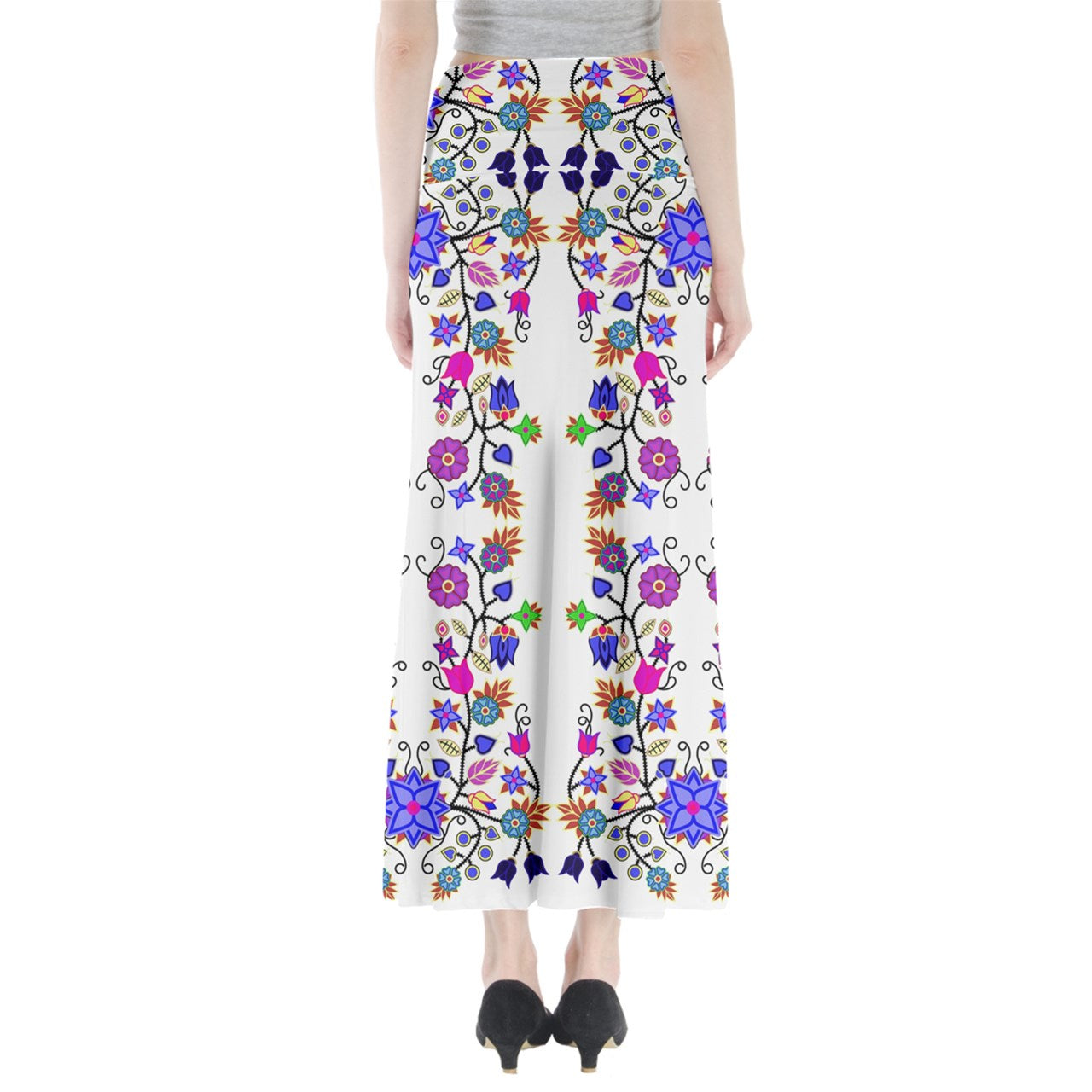 Floral Beadwork Seven Clans White Full Length Maxi Skirt