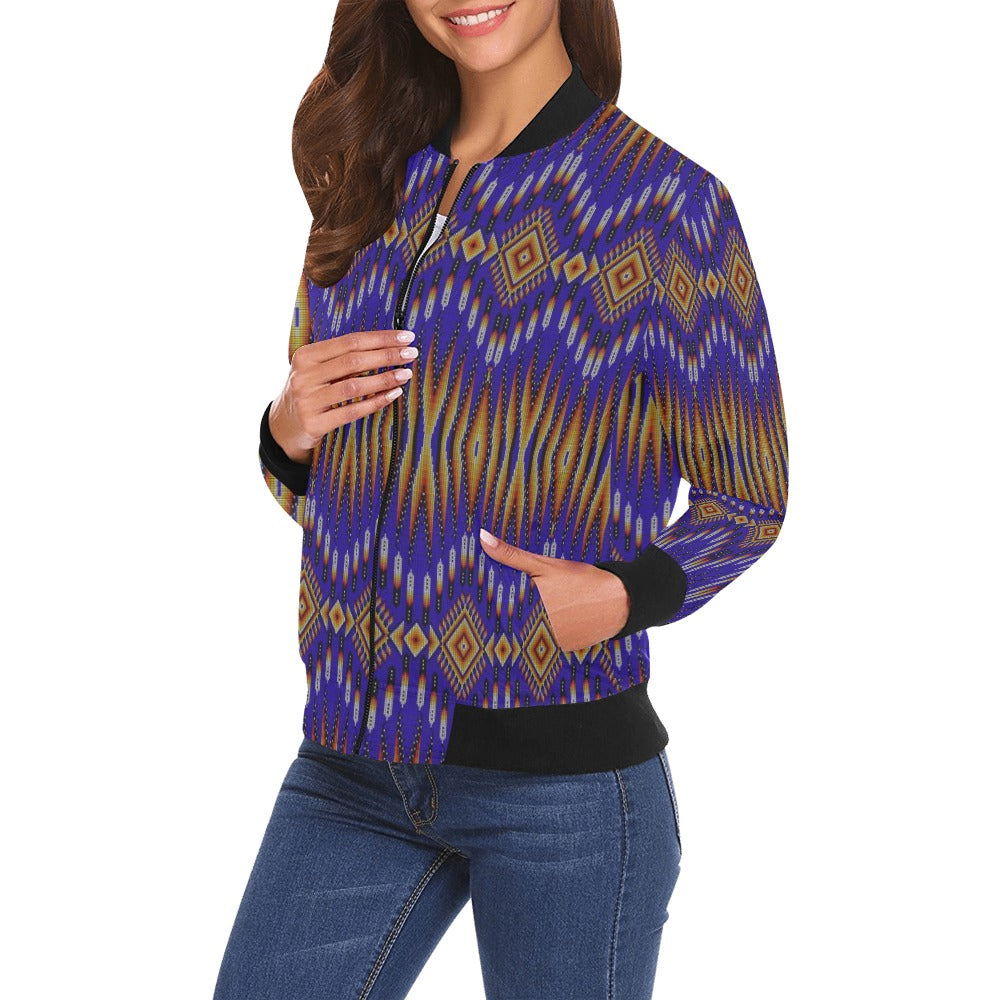 Fire Feather Blue All Over Print Bomber Jacket for Women