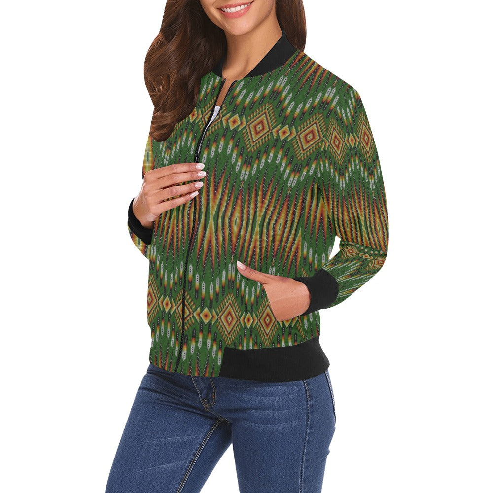 Fire Feather Green All Over Print Bomber Jacket for Women