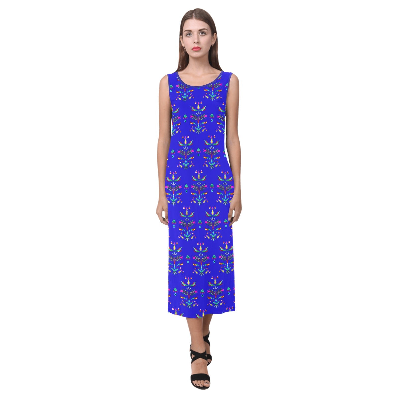 Dakota Damask Blue Phaedra Sleeveless Open Fork Long Dress