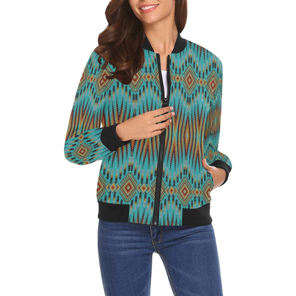 Fire Feather Turquoise All Over Print Bomber Jacket for Women