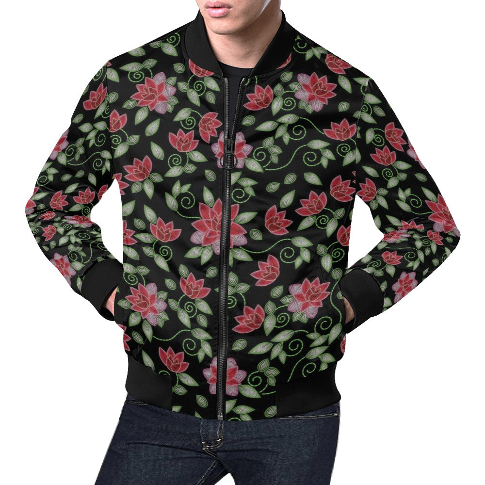 Red Beaded Rose Bomber Jacket for Men