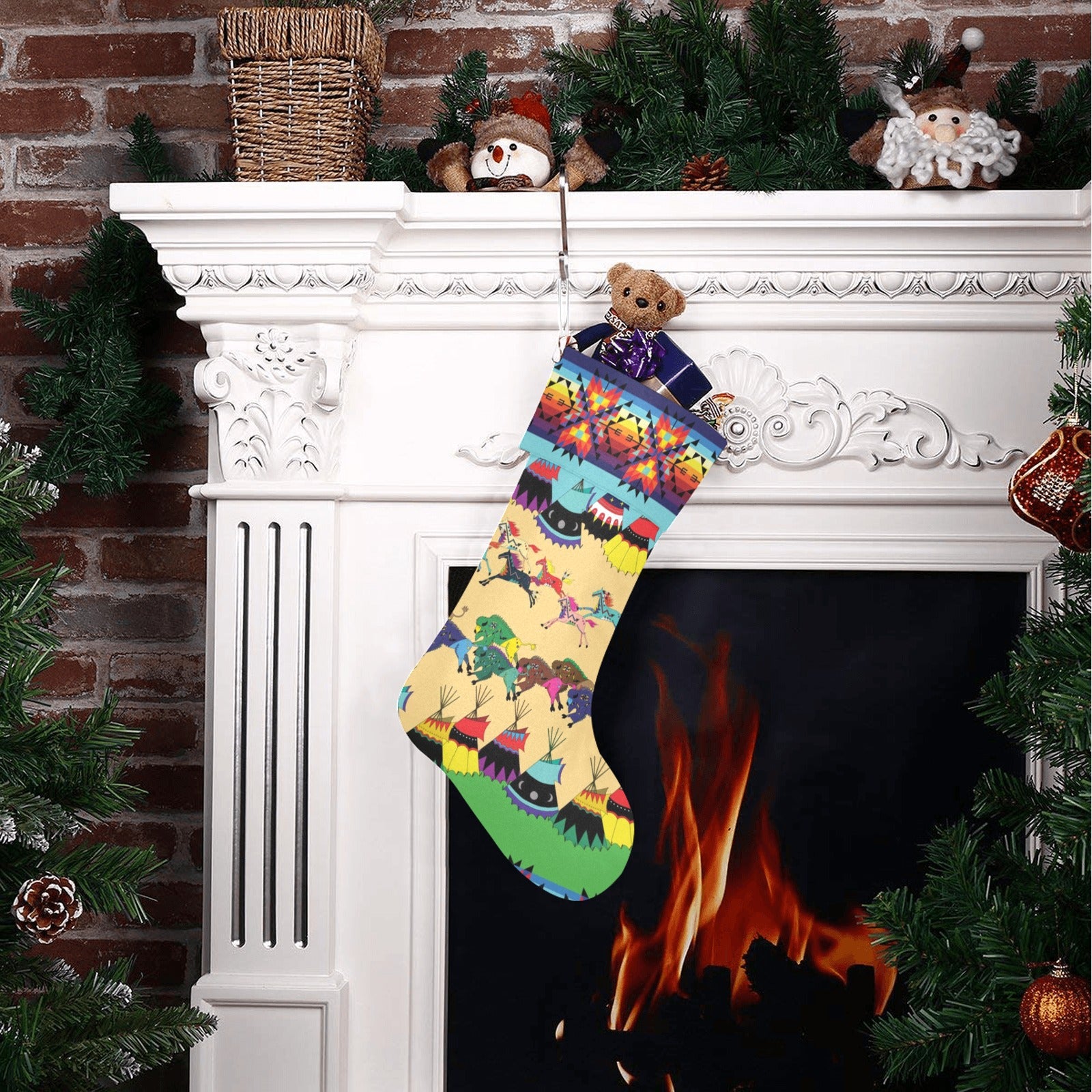 Horses and Buffalo Ledger Blue Christmas Stocking