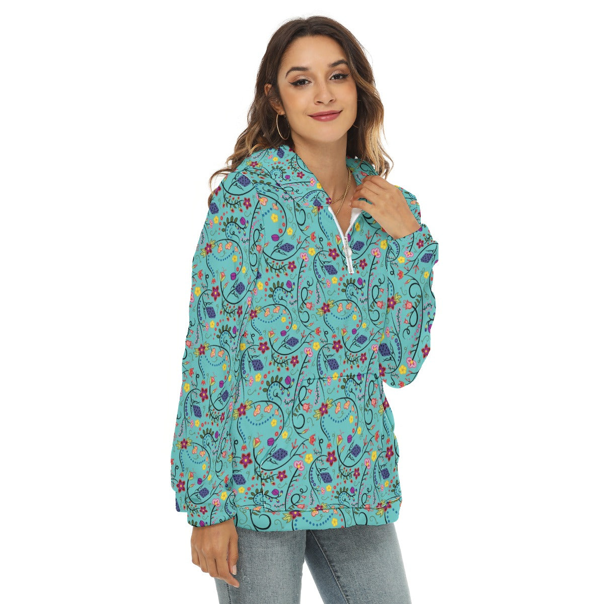 Fresh Fleur Sky Borg Fleece Hoodie With Half Zip