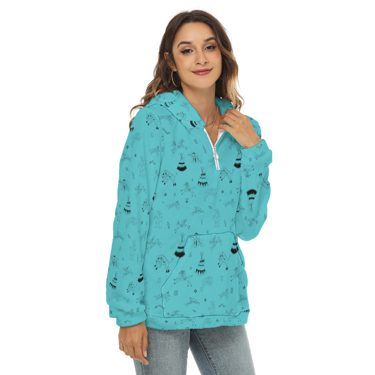 Ledger Dabbles Turquoise Borg Fleece Hoodie With Half Zip