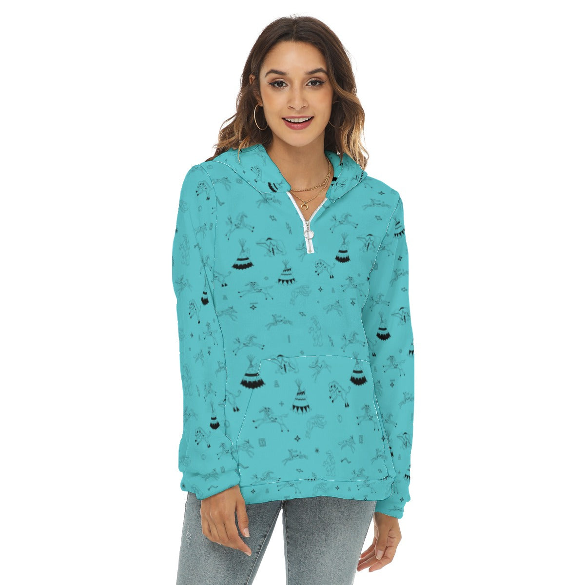 Ledger Dabbles Turquoise Borg Fleece Hoodie With Half Zip