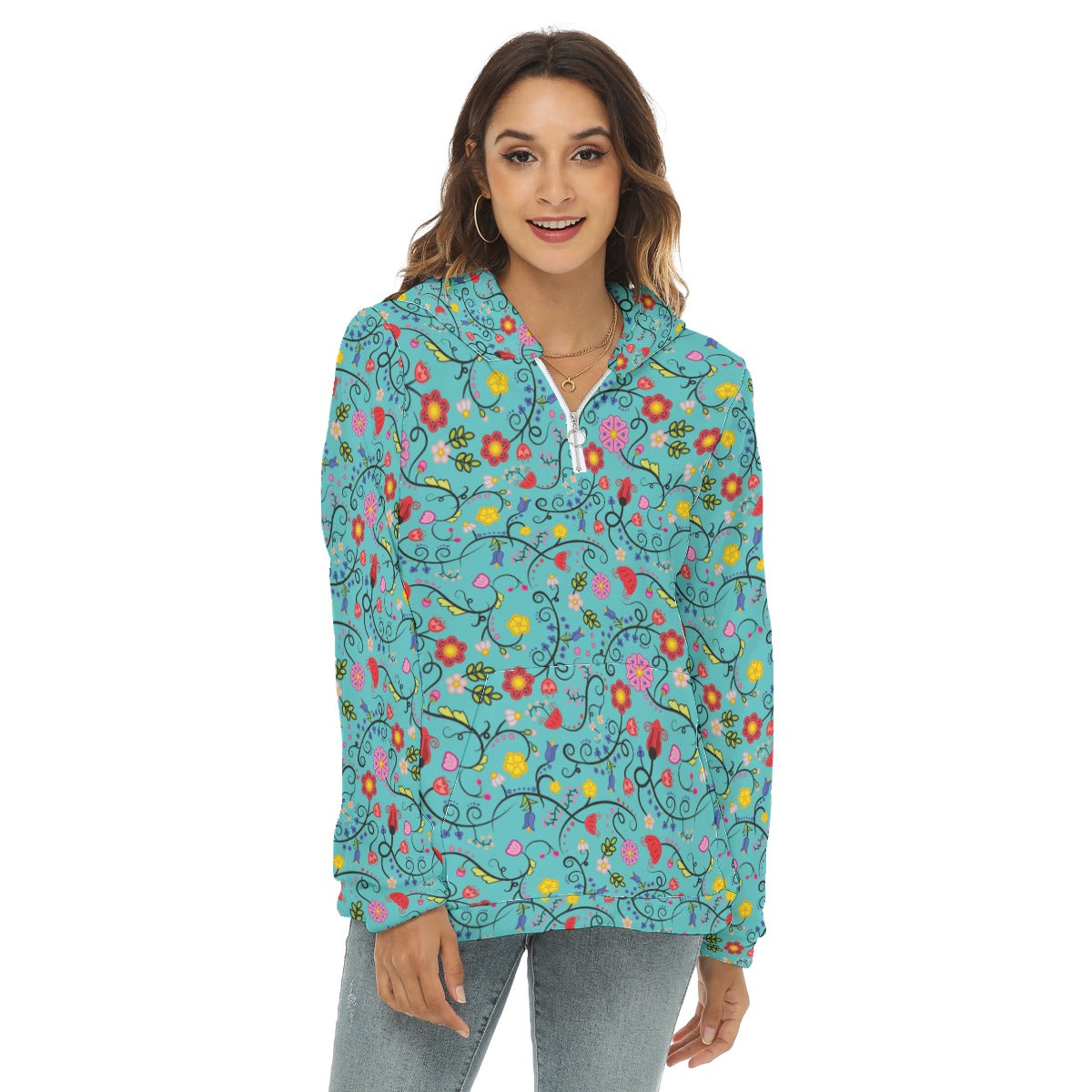 Nipin Blossom Sky Borg Fleece Hoodie With Half Zip