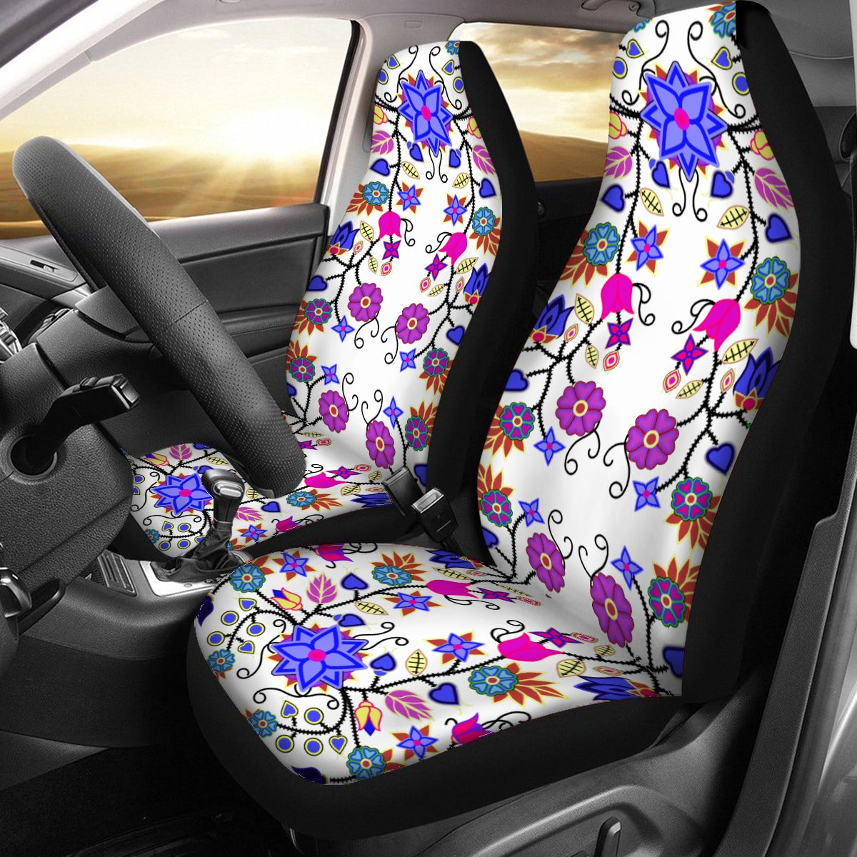 Floral Beadwork Seven Clans White Universal Car Seat Cover With Thickened Back