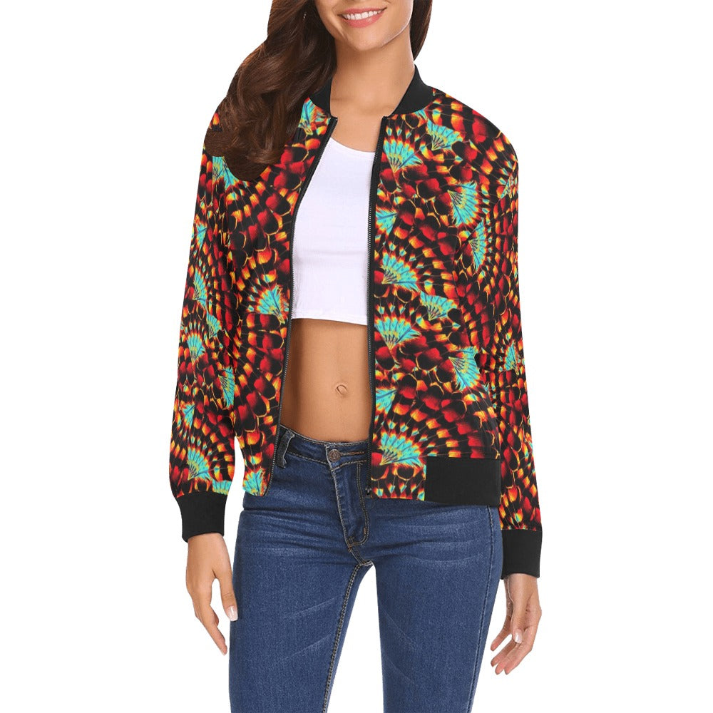 Hawk Feathers Fire and Turquoise Bomber Jacket for Women