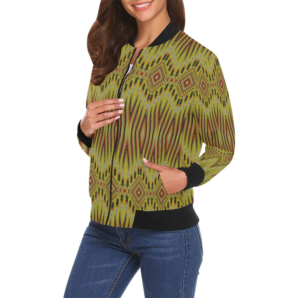 Fire Feather Yellow All Over Print Bomber Jacket for Women