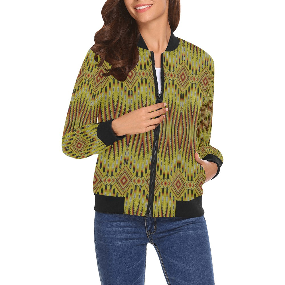 Fire Feather Yellow All Over Print Bomber Jacket for Women