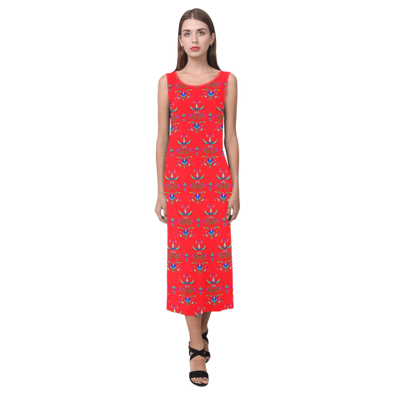 Dakota Damask Red Phaedra Sleeveless Open Fork Long Dress