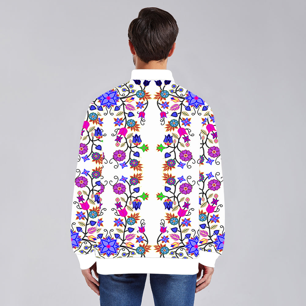 Floral Beadwork Seven Clans White Youth Zippered Collared Lightweight Jacket