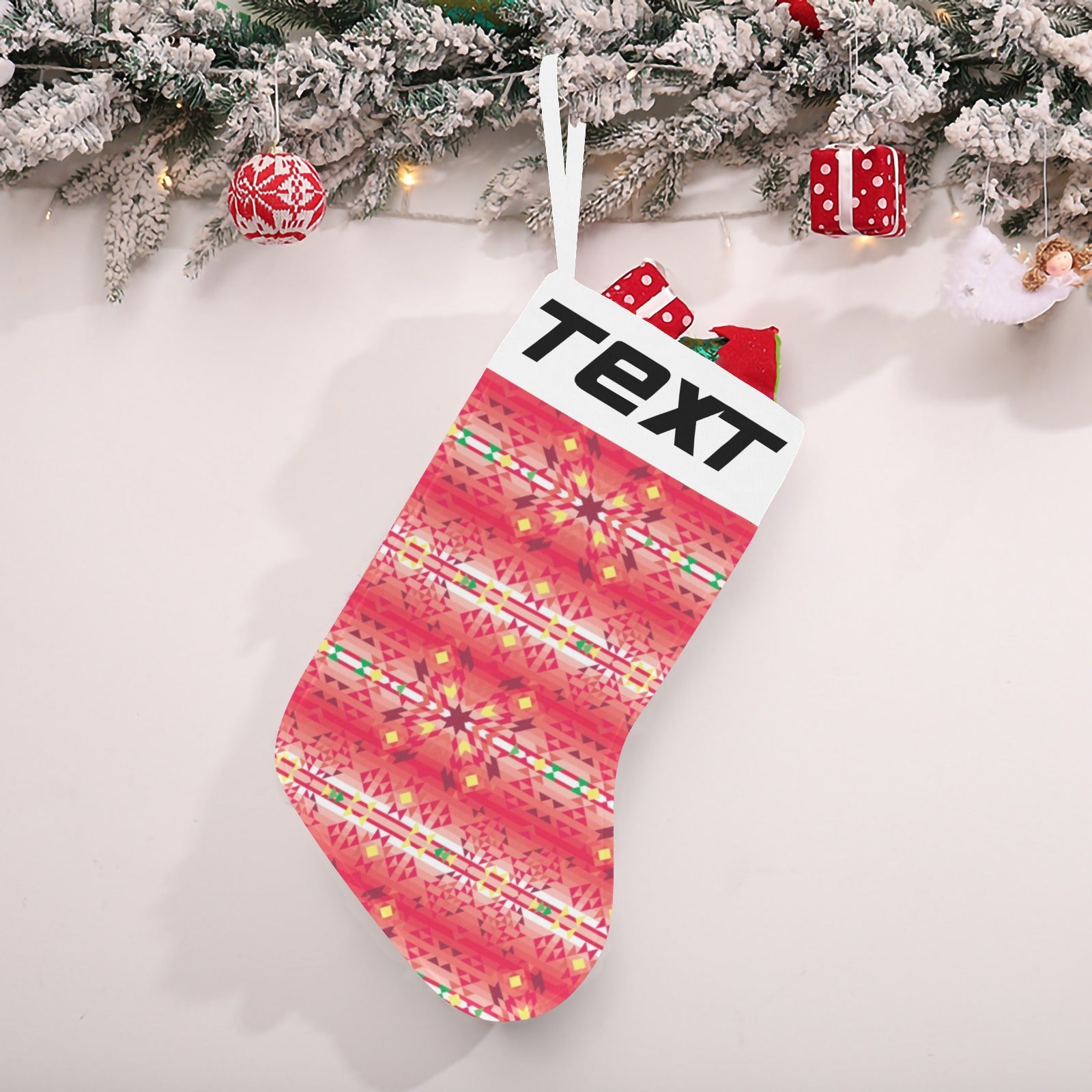 Red Pink Star Christmas Stocking (Custom Text on The Top)