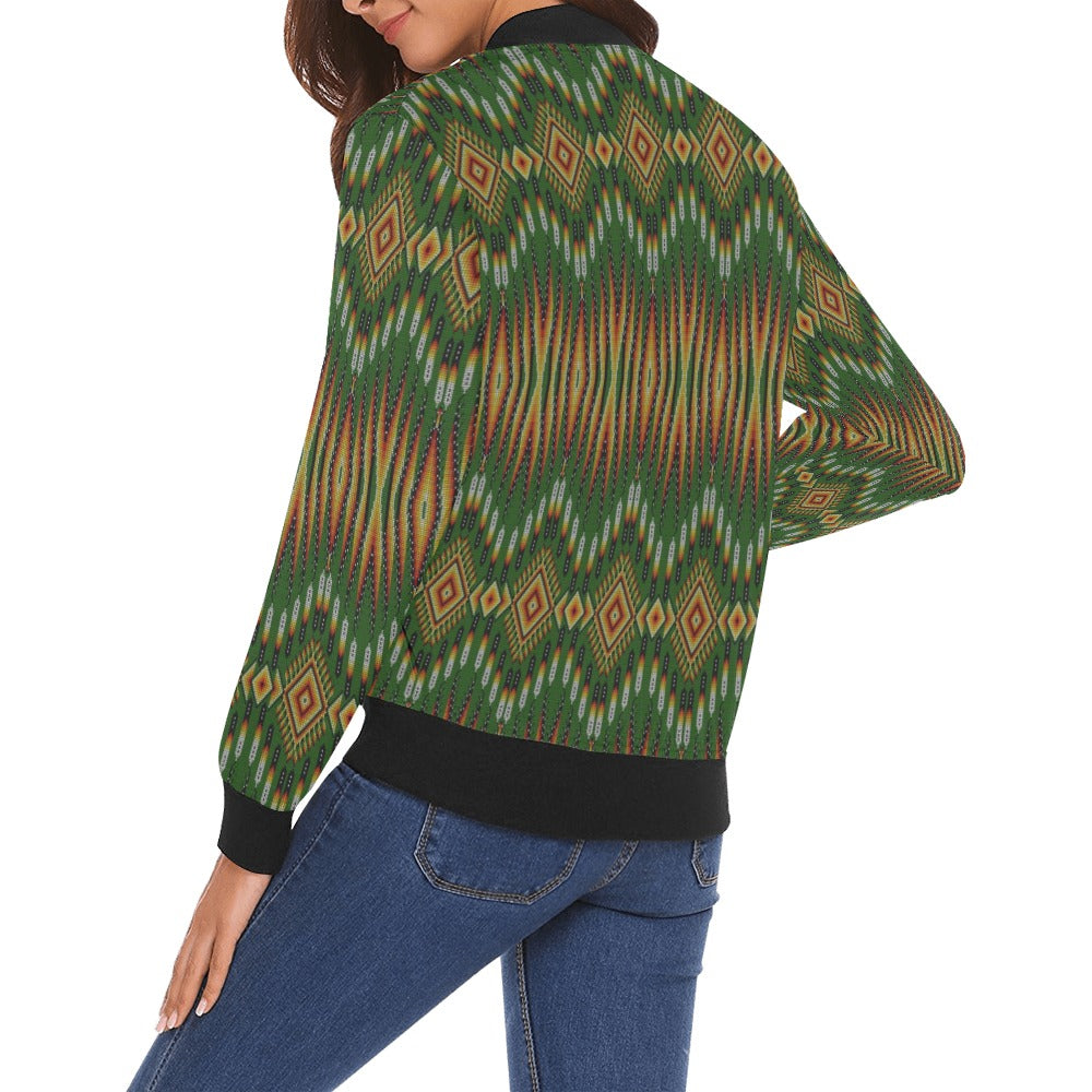 Fire Feather Green All Over Print Bomber Jacket for Women