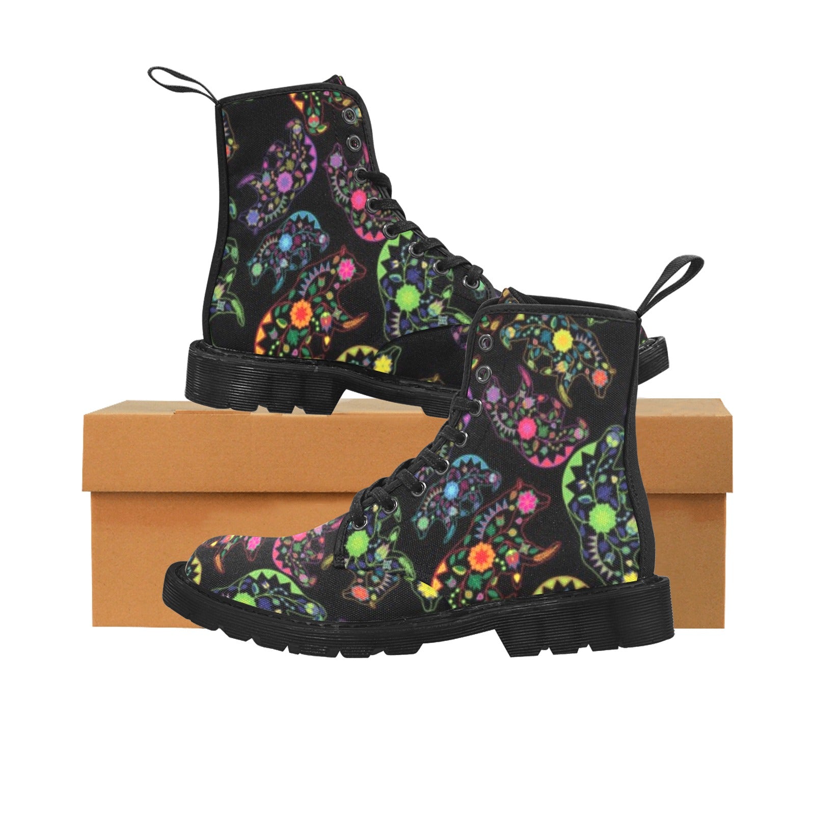 Neon Floral Bears Boots for Women (Black)