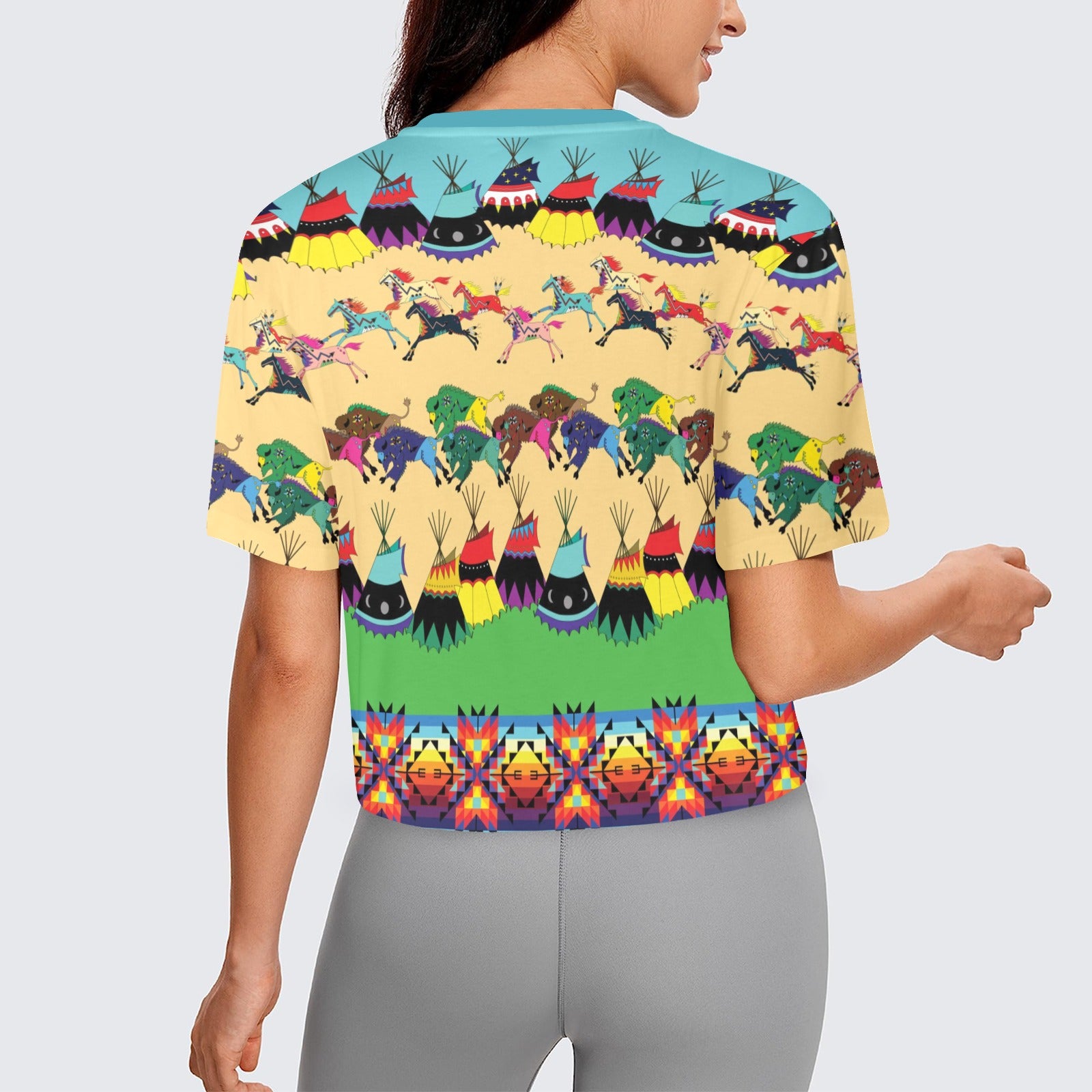Horses and Buffalo Ledger Torquoise Women's Cropped T-shirt