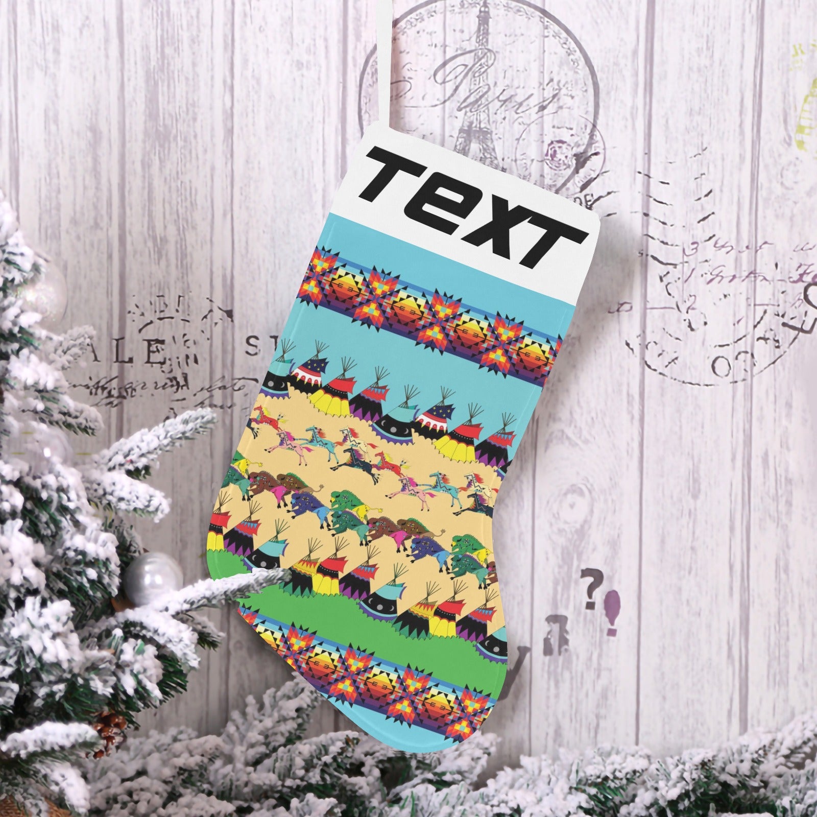 Horses and Buffalo Ledger Torquoise Christmas Stocking (Custom Text on The Top)