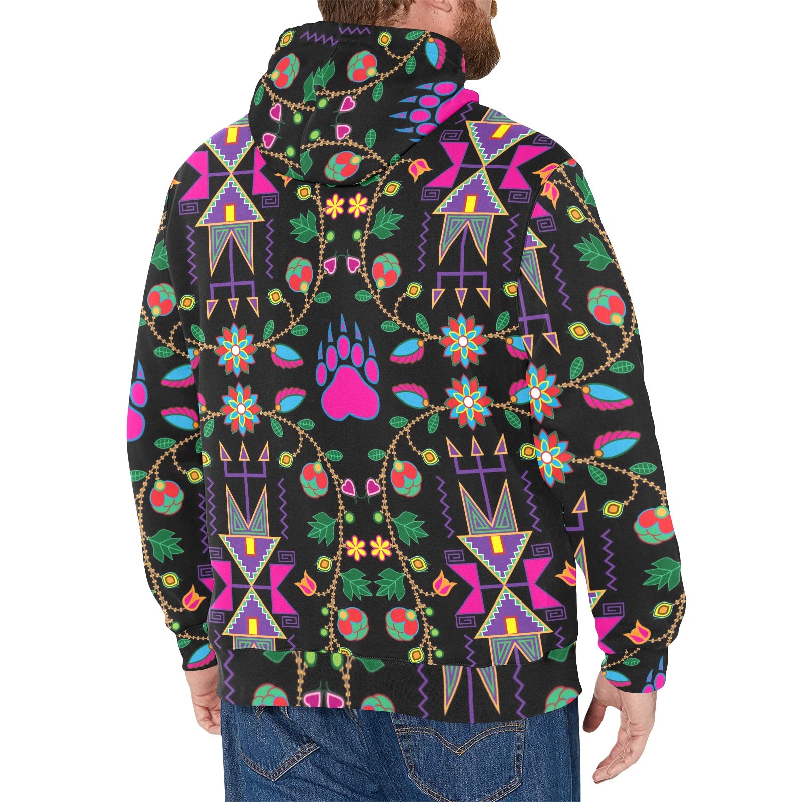 Geometric Floral Fall Black Men's Long Sleeve Fleece Hoodie