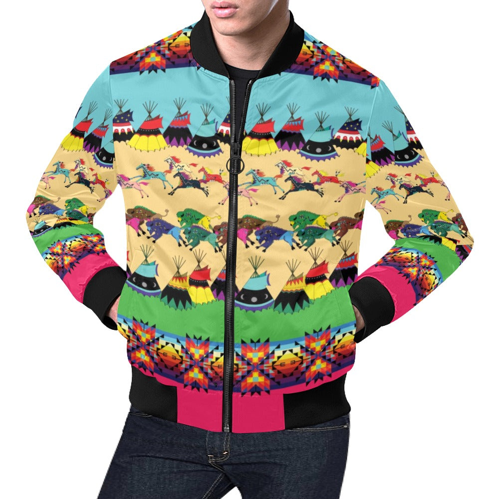 Horses and Buffalo Ledger Pink All Over Print Bomber Jacket for Men