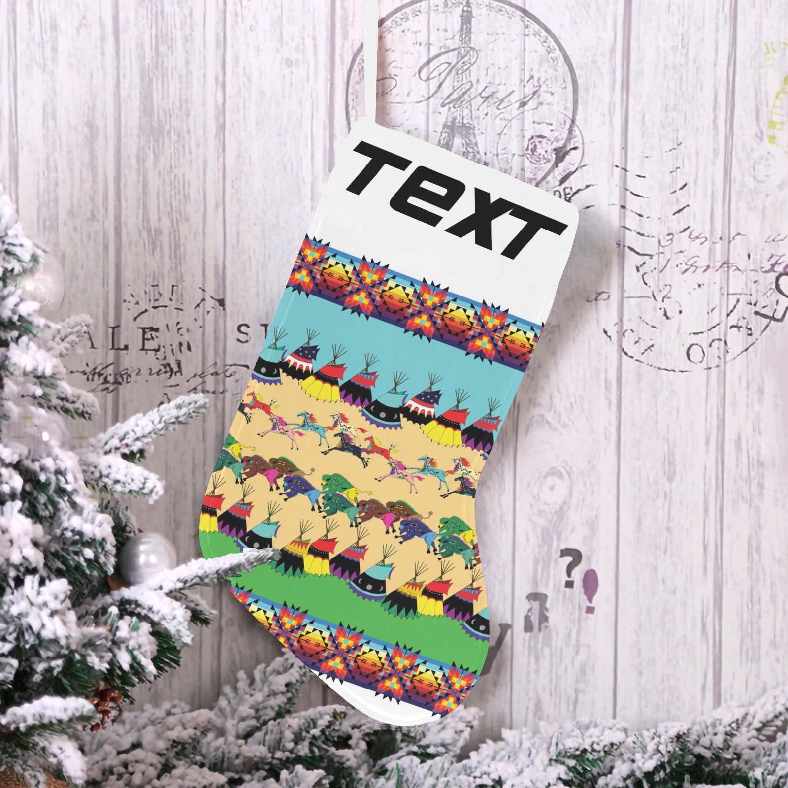 Horses and Buffalo Ledger White Christmas Stocking (Custom Text on The Top)