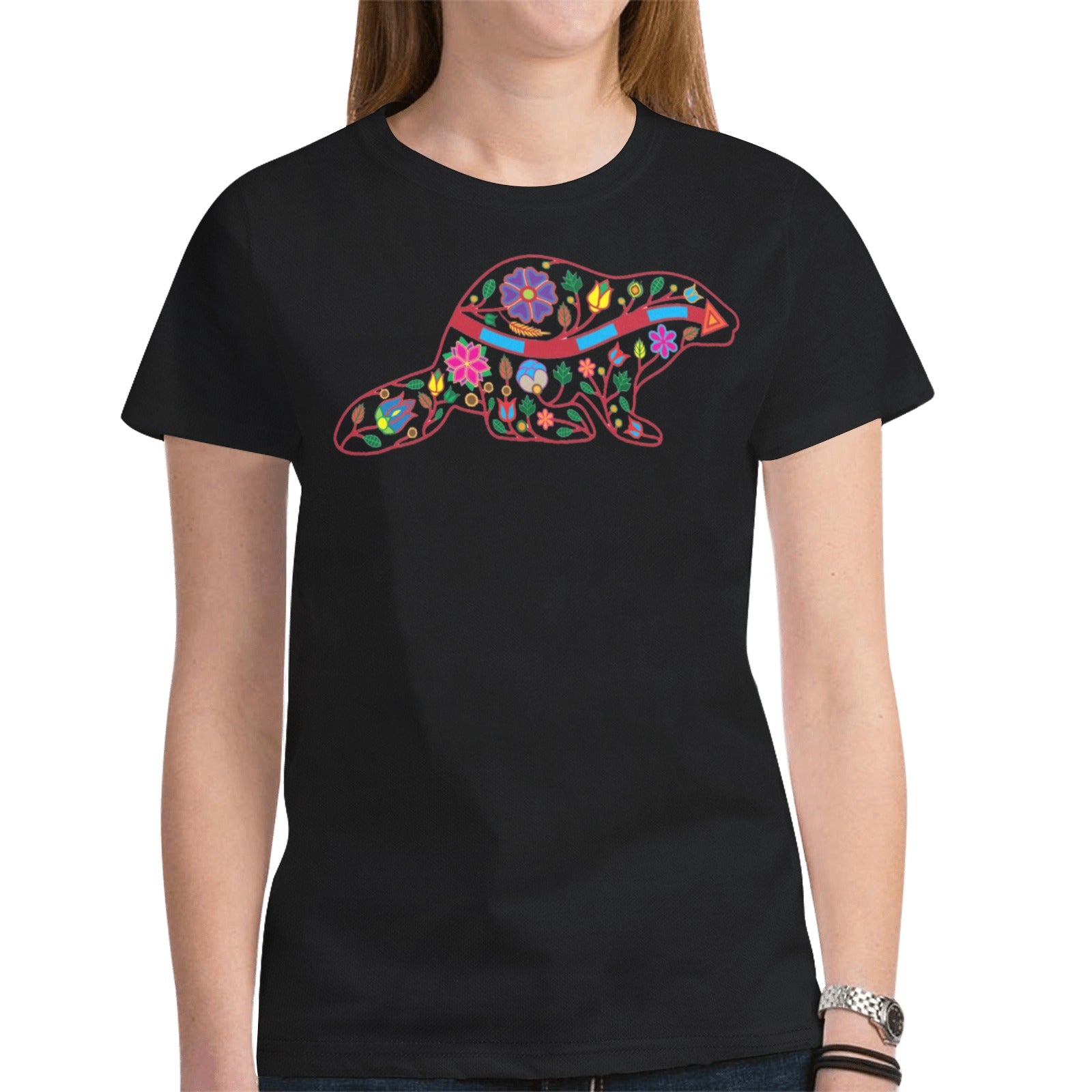 Floral Beaver Spirit Guide (Black) T-shirt for Women