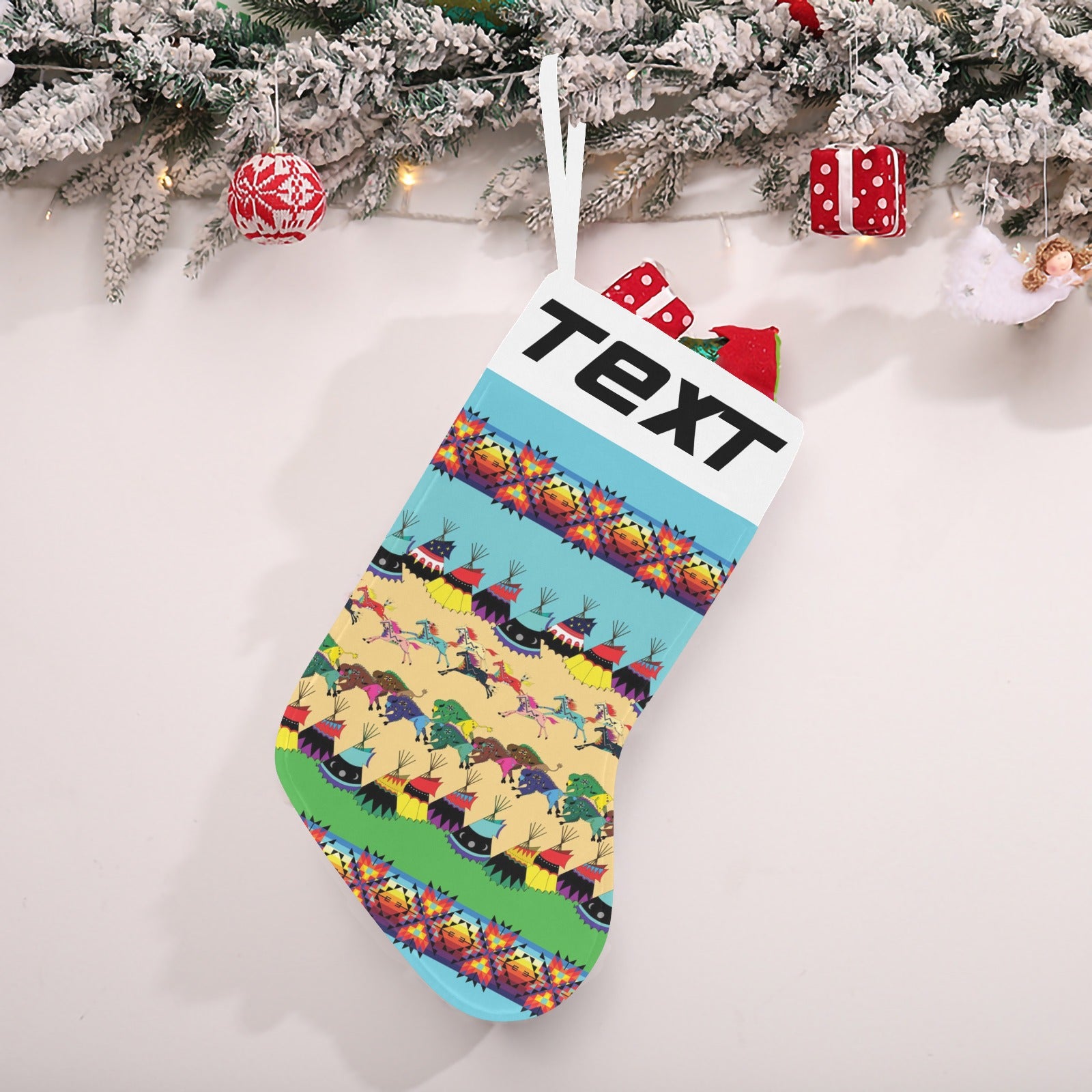 Horses and Buffalo Ledger Torquoise Christmas Stocking (Custom Text on The Top)