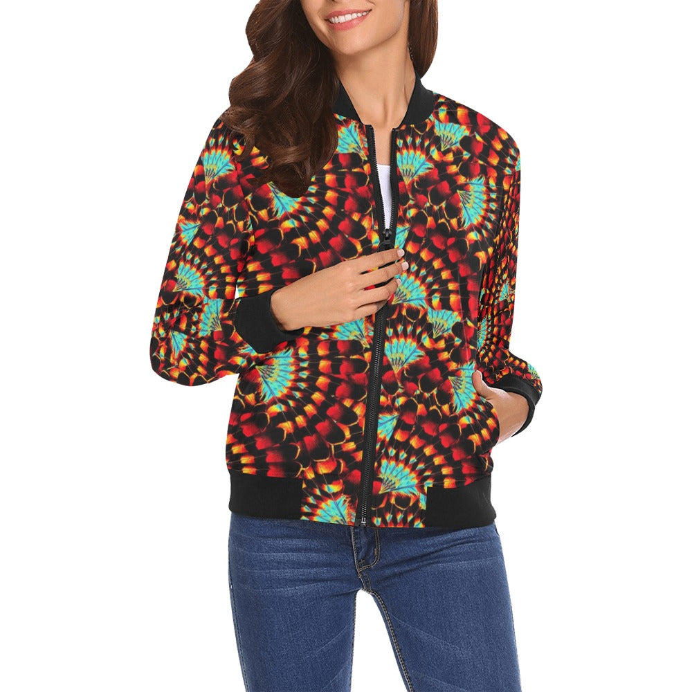 Hawk Feathers Fire and Turquoise Bomber Jacket for Women