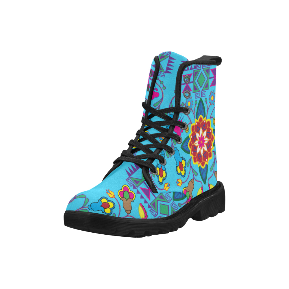 Geometric Floral Winter-Sky Blue Boots for Women (Black)