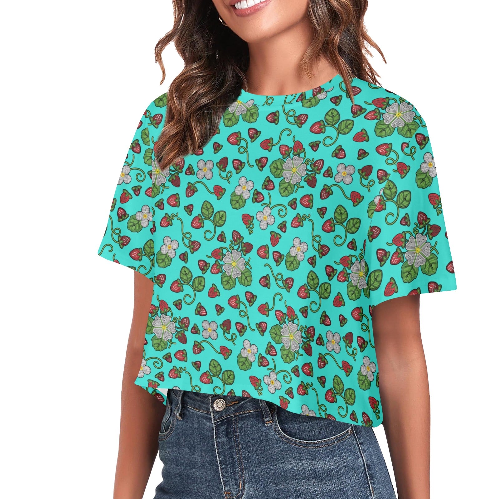 Strawberry Dreams Turquoise Women's Cropped T-shirt