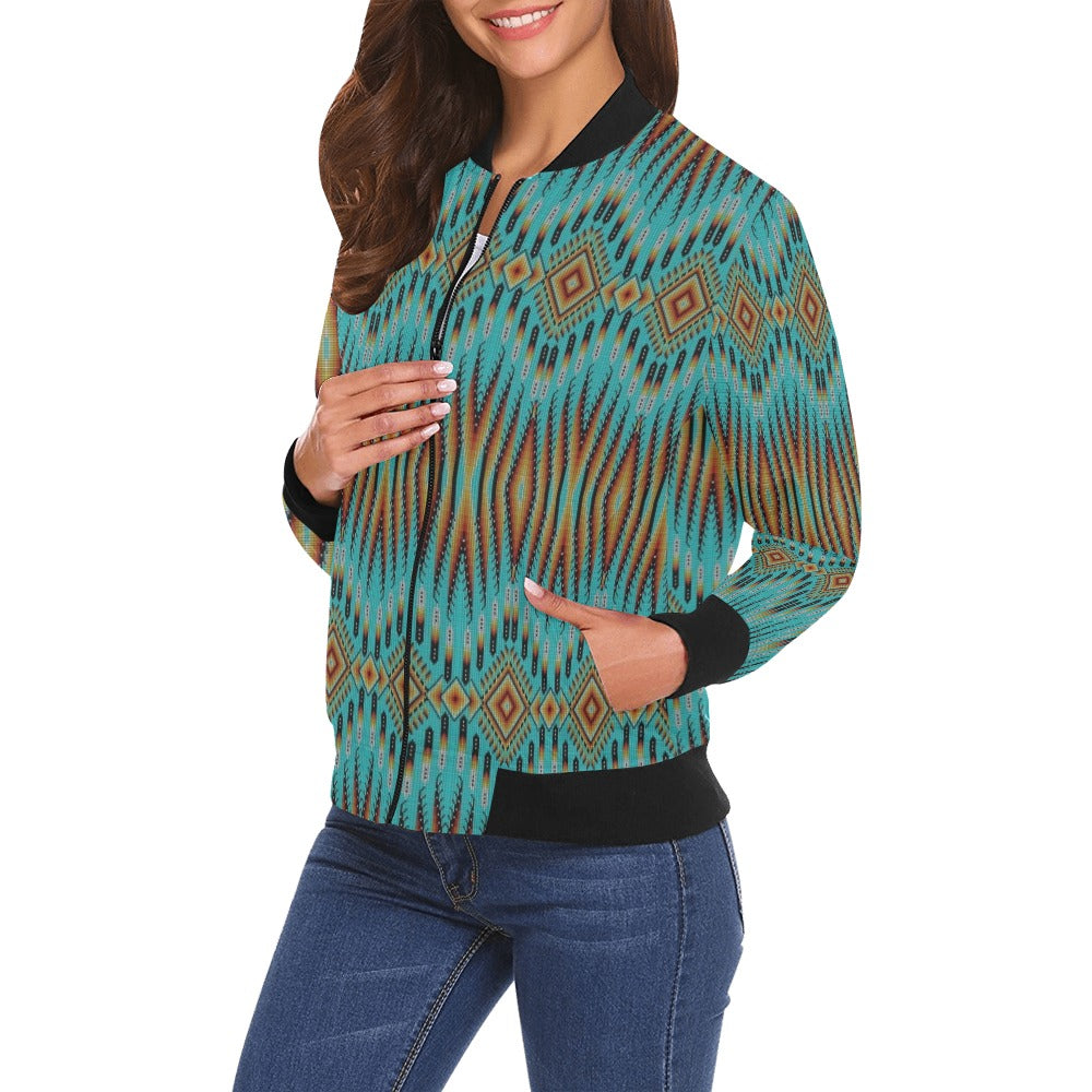Fire Feather Turquoise All Over Print Bomber Jacket for Women
