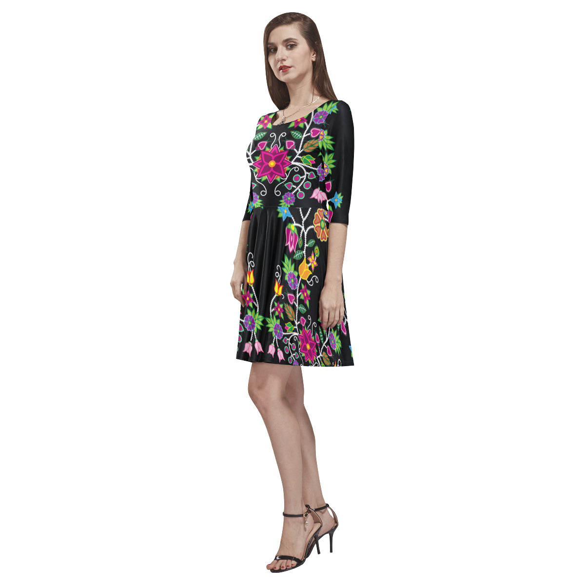 Floral Beadwork Tethys Half-Sleeve Skater Dress