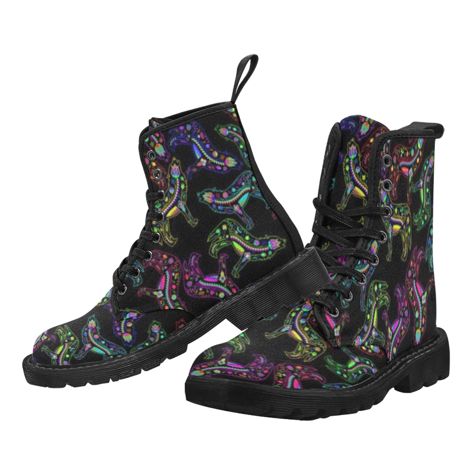 Neon Floral Wolves Boots for Women (Black)